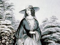 Currier & Ives, the Bloomer costume influenced by Amelia Bloomer who began appearing in public wearing full-cut pantaloons, or "Turkish trousers," under a short skirt nicknamed "bloomers."
