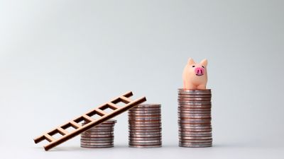 Piles of coins, small piggy bank at the top, and a ladder.